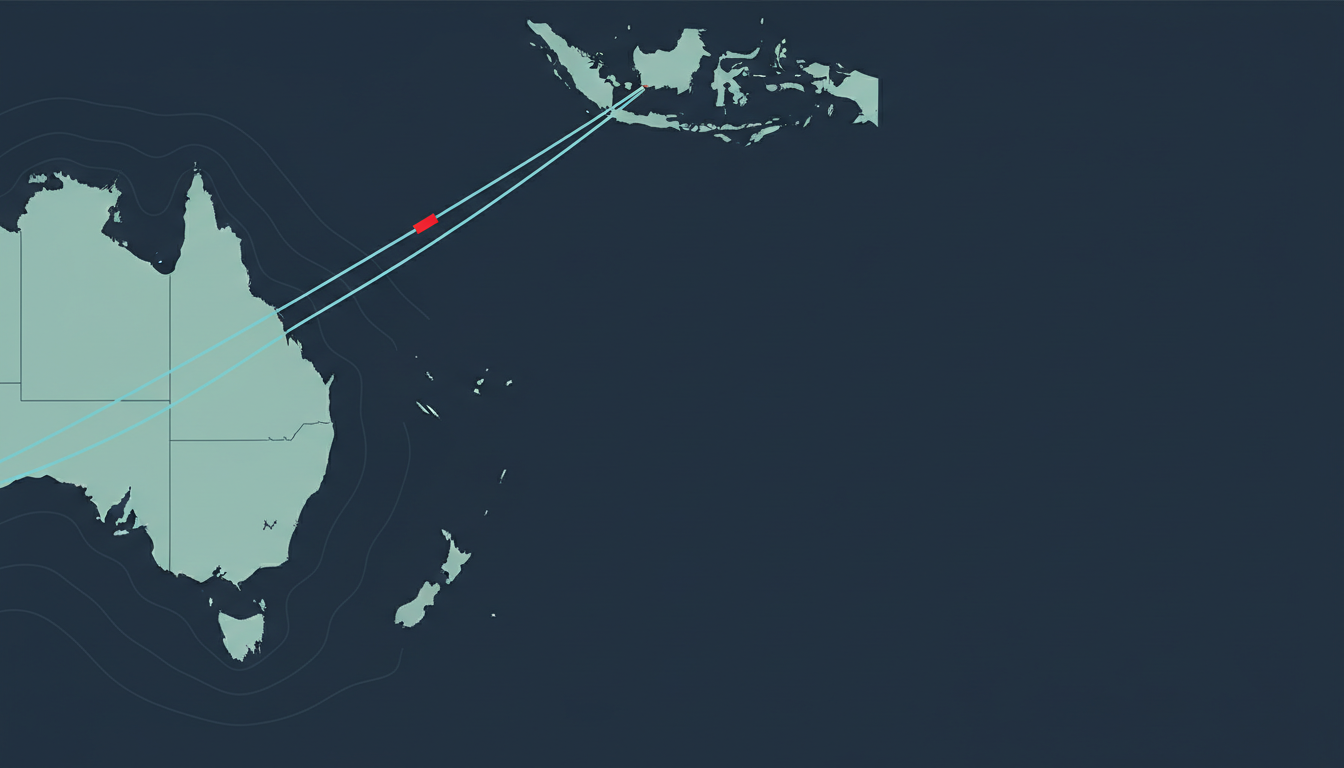 Stylized dark-navy map of the sea between Western Australia and Indonesia, with two undersea cable lines and a red break marker on one of them